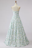 Strapless Blue White Flower Print A Line Satin Long Wedding Party Dress with Pockets