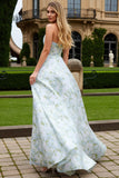 Strapless Blue White Flower Print A Line Satin Long Wedding Party Dress with Pockets