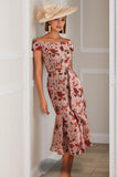 Dusty Rose Flower Mermaid Bateau Neck Print Midi Mother Of The Bride Dress