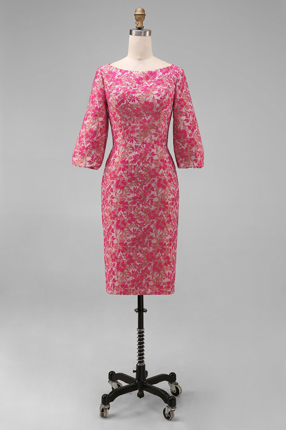 pink oriental jacquard bodycon dress Pink and Red Jacquard Floral Midi Dress