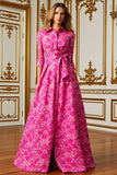 Jacquard A-Line Fuchsia Floral Long Mother Of The Bride Dress with Slit