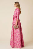 Jacquard A-Line Fuchsia Floral Maxi Dress with Slit
