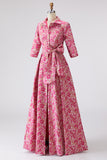 Jacquard A-Line Fuchsia Floral Long Mother Of The Bride Dress with Slit