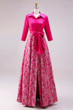 Fuchsia Flower Jacquard A-Line Bowed Mother Of The Bride Dress with Bow