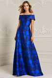 Royal Blue Off The Shoulder Jacquard Floral A-Line Mother Of The Bride Dress