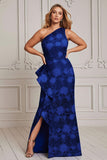 One Shoulder Jacquard Royal Blue Floral Mermaid Mother Of The Bride Dress with Slit