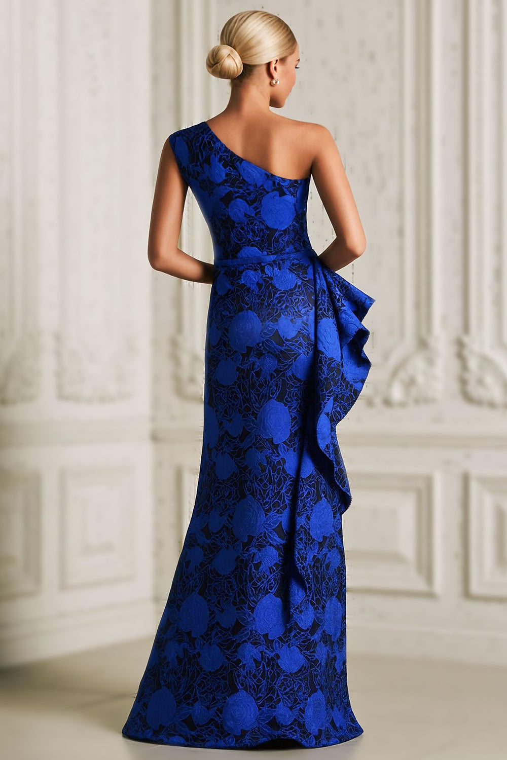 WEDTREND Women Royal Blue One Shoulder Mother Of The Bride Dress Mermaid Jacquard Floral Satin Long Wedding Guest Dress with Slit WEDTREND Women Royal Blue One Shoulder Mother Of The Bride Dress Mermaid Jacquard Floral Satin Long Wedding Guest Dress with Slit
