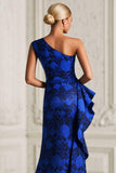 One Shoulder Jacquard Royal Blue Floral Mermaid Mother Of The Bride Dress with Slit