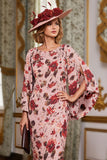 Dusty Rose Flower Sheath Long Sleeves Chiffon Midi Mother Of The Bride Dress