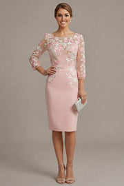 Blush Pink Sheath 3D Flower Round Neck Midi Mother of the Bride Dress with 3/4 Sleeves
