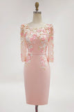 Blush Pink Sheath Round Neck Long Sleeve Mother of the Bride Dress with 3D Flowers