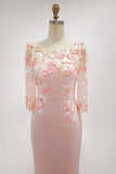 Blush Pink Sheath Round Neck Long Sleeve Mother of the Bride Dress with 3D Flowers
