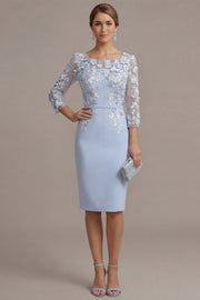 Light Blue Sheath 3D Flower Round Neck Midi Mother of the Bride Dress with 3/4 Sleeves
