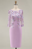 Blush Pink Sheath 3D Flower Round Neck Midi Mother of the Bride Dress with 3/4 Sleeves