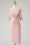Dusty Rose Boat Neck Floral Midi Mother of the Bride Dress with Half Sleeves