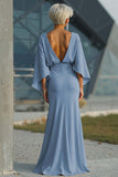 Light Blue Chiffon Sheath Long Mother of the Bride Dress with 3/4 Sleeves