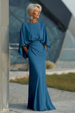 Light Blue Chiffon Sheath Long Mother of the Bride Dress with 3/4 Sleeves
