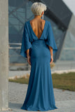 Light Blue Chiffon Sheath Long Mother of the Bride Dress with 3/4 Sleeves