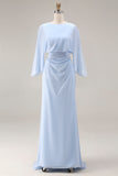 Light Blue Chiffon Sheath Long Mother of the Bride Dress with 3/4 Sleeves