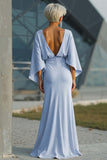 Light Blue Chiffon Sheath Long Mother of the Bride Dress with 3/4 Sleeves