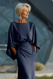 Light Blue Chiffon Sheath Long Mother of the Bride Dress with 3/4 Sleeves