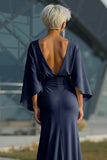 Light Blue Chiffon Sheath Long Mother of the Bride Dress with 3/4 Sleeves