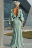 Light Blue Chiffon Sheath Long Mother of the Bride Dress with 3/4 Sleeves