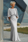 Light Blue Chiffon Sheath Long Mother of the Bride Dress with 3/4 Sleeves