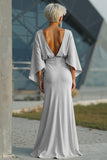 Light Blue Chiffon Sheath Long Mother of the Bride Dress with 3/4 Sleeves