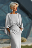 Light Blue Chiffon Sheath Long Mother of the Bride Dress with 3/4 Sleeves