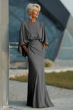 Light Blue Chiffon Sheath Long Mother of the Bride Dress with 3/4 Sleeves