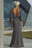 Light Blue Chiffon Sheath Long Mother of the Bride Dress with 3/4 Sleeves