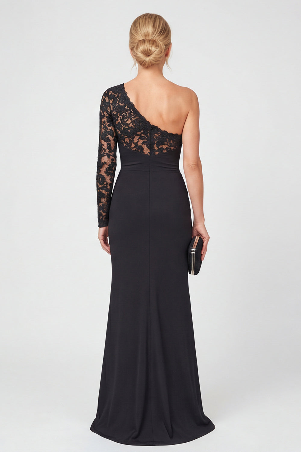 WEDTREND Women One Shoulder Black Mother of the Bride Dress Mermaid Lace Long Wedding Guest Dress, Black / US2