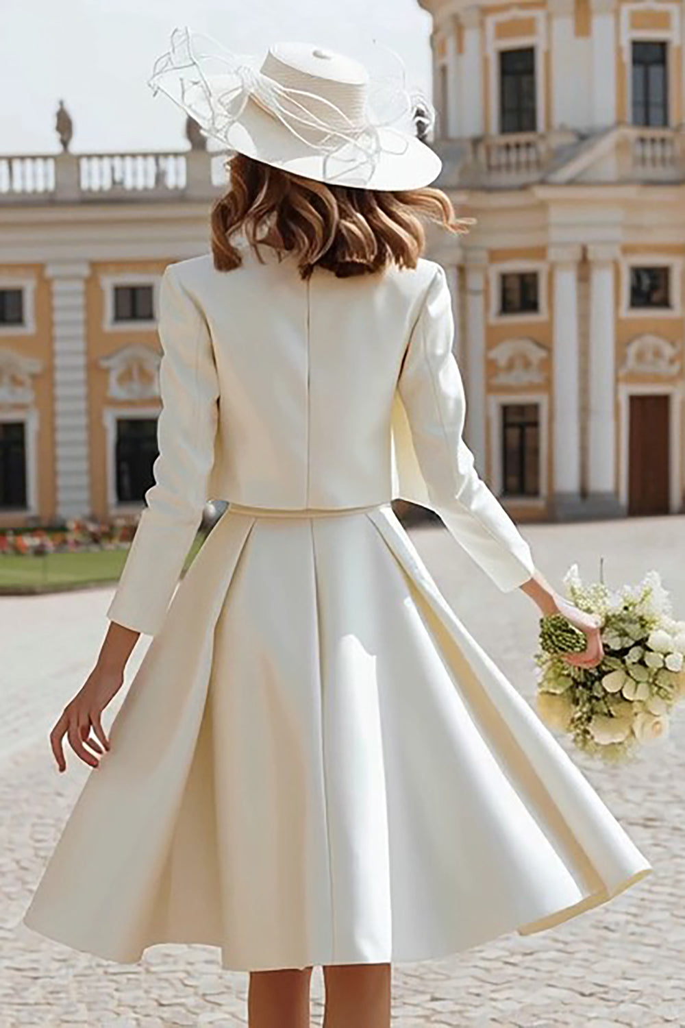 Wedtrend Women Ivory 2 Piece Courthouse Wedding Dress A-Line Ruched Satin Midi Rehearsal Dinner Dress With Long Sleeves, Ivory / US10