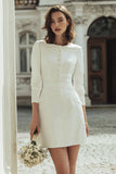 Ivory Boat Neck Mini Courthouse Wedding Dress with 3/4 Sleeves