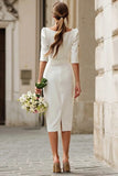 Sheath Ivory Bateau Neck Midi Courthouse Wedding Dress With Half Sleeves