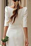 Sheath Ivory Bateau Neck Midi Courthouse Wedding Dress With Half Sleeves