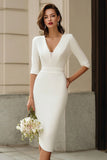 Ivory Pencil V-Neck Midi Rehearsal Dinner Dress