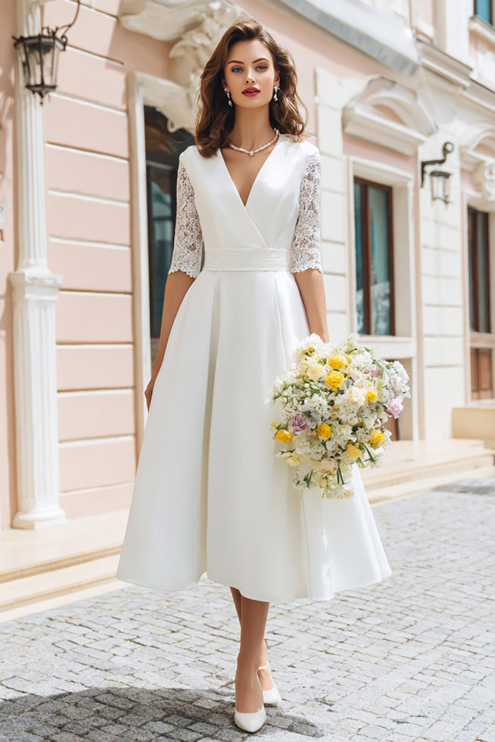 Wedtrend Women Ivory A-Line Bridal Shower Dress V-Neck Midi Engagement