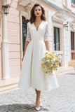 Ivory A-Line V-Neck Midi Bridal Shower Dress With Lace Half Sleeves