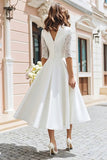 Ivory A-Line V-Neck Midi Bridal Shower Dress With Lace Half Sleeves