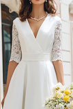 Ivory A-Line V-Neck Midi Bridal Shower Dress With Lace Half Sleeves