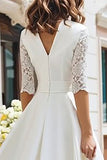 Ivory A-Line V-Neck Midi Bridal Shower Dress With Lace Half Sleeves