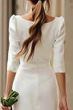 Sheath Ivory Square Neck Midi Rehearsal Dinner Dress with Slit