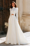 Ivory A-Line Cut Out High Neck Wedding Dress with Long Sleeves