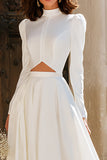Ivory A-Line Cut Out High Neck Wedding Dress with Long Sleeves
