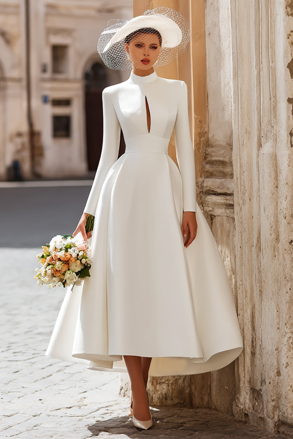 Wedtrend Women Elegant Ivory Long Sleeve Courthouse Wedding Dress A-Line Satin Cut Out High Neck Ankle-Length Bridal Dress, Ivory / US14
