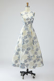 Dusty Blue A-Line Floral Wedding Guest Dress with Pockets