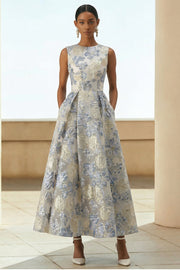 Dusty Blue A-Line Floral Wedding Guest Dress with Pockets