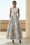 Dusty Blue A-Line Floral Wedding Guest Dress with Pockets